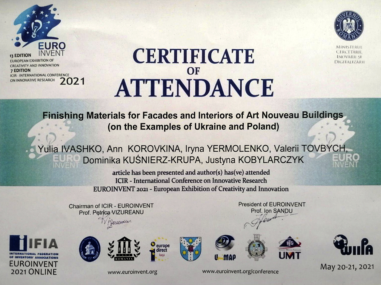 Certificate of Attendance, Finishing Materials for Facades and Interiors of Art Nouveau Buildings (on the Examples of Ukraine and Poland), Valerii TOVBYCH, May 20-21, 2021