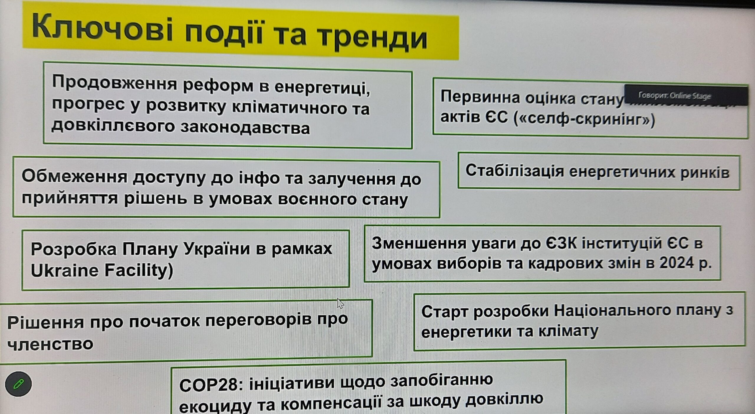 21 грудня 2023 старший викладач кафедри технологій захисту навколишнього середовища та охорони праці Савченко А.М. та студенти ЕК-20 та ТЗНС-20 були присутні на презентації річного моніторингового звіту “Україна та Європейський Зелений Курс”.