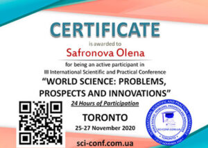 Safronova-Crttificate- International Conference Toronto2020